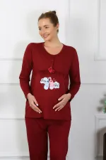 Moda Çizgi Kadın Uzun Kol Hamile Lohusa Pijama Takımı Bordo 45501