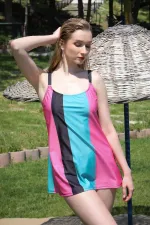 Moda Çizgi Kadın Şortlu Tankini Elbise Mayo Pembe 36001