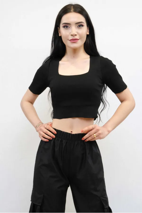 Moda Çizgi Kare Yaka Triko Crop Siyah