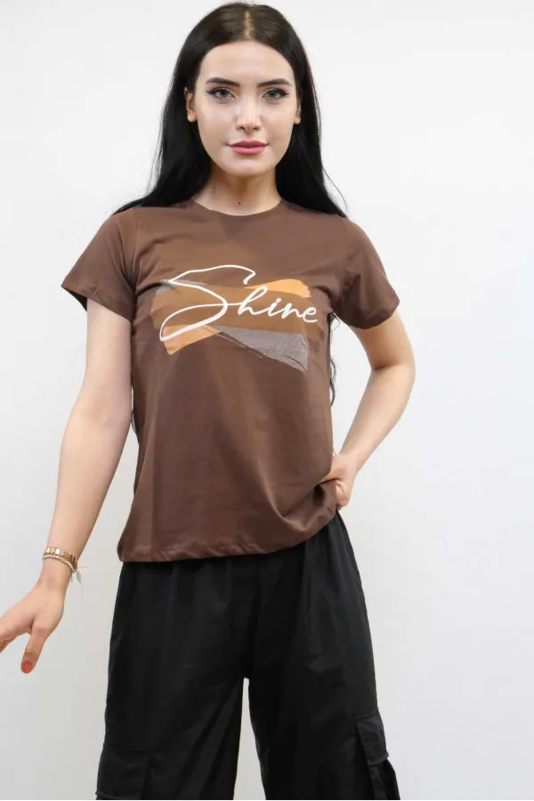 Moda Çizgi Shine Baskılı Tshirt Kahve