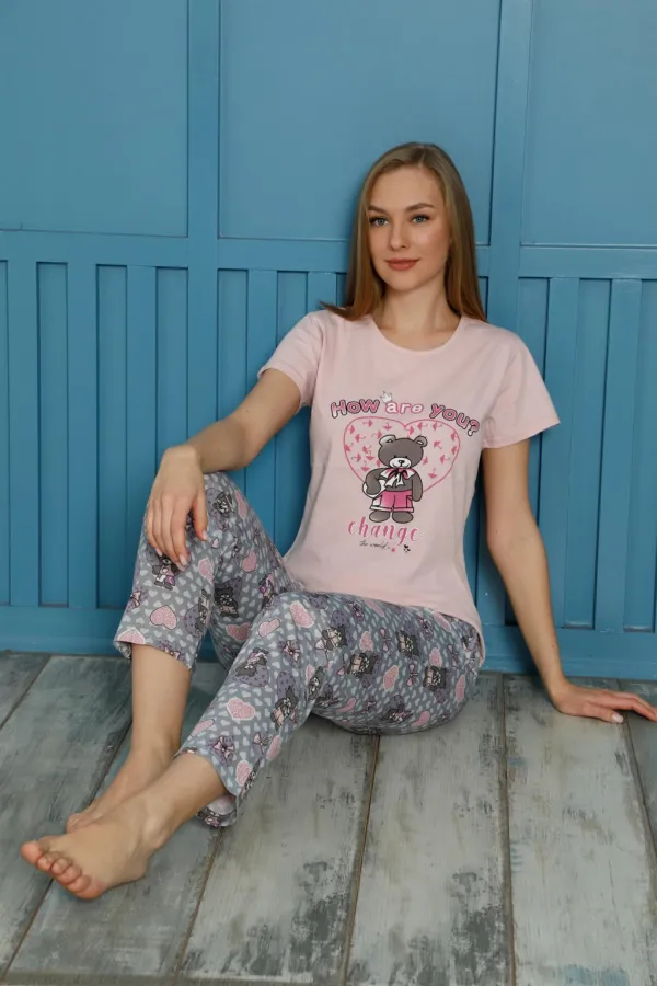 Moda Çizgi Kadın Pamuk Pijama Takım 20502P