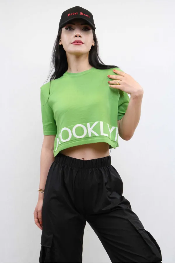 Moda Çizgi Triko Crop Yeşil