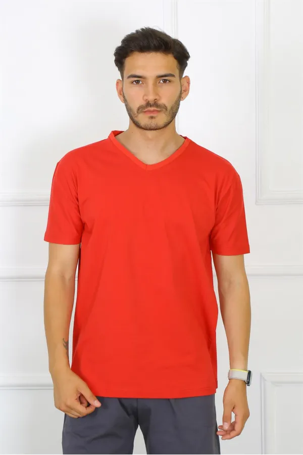 Moda Çizgi Erkek Kırmızı %100 Pamuklu T-Shirt 27486