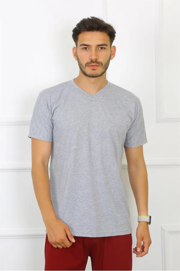 Moda Çizgi Erkek Gri %100 Pamuklu T-Shirt 27486