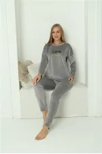 Moda Çizgi Kadın Kadife Gri Pijama Takım 20624