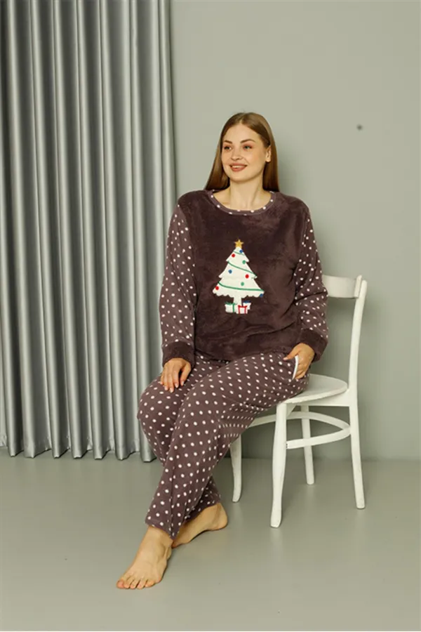 Moda Çizgi Welsoft Polar Kadın Büyük Beden Mürdüm Pijama Takımı 808048