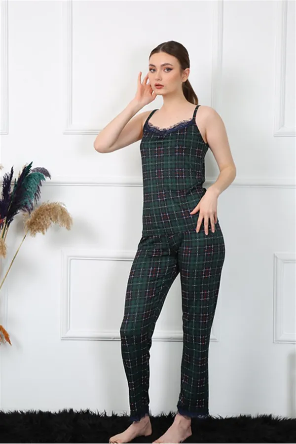 Moda Çizgi Kadın İp Askılı Yeşil Ekoseli Pijama Takım 4135