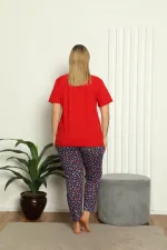 Moda Çizgi Kadın %100 Pamuk Kısa Kol Büyük Beden Pijama Takım 202144