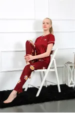 Moda Çizgi Kadın Bordo Kısa Kol Pijama Takım 20388