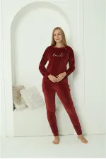 Moda Çizgi Kadın Kadife Bordo Pijama Takım 20624