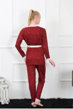 Moda Çizgi Kadın 3lü Bordo Sabahlık Pijama Takım 16103