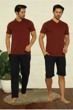 Moda Çizgi Erkek Bordo V Yaka 3lü Pijama Takım 6822