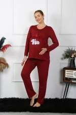 Moda Çizgi Kadın Uzun Kol Hamile Lohusa Pijama Takımı Bordo 45501