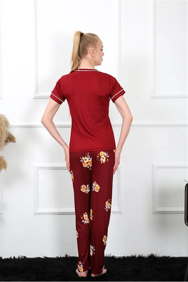 Moda Çizgi Kadın Bordo Kısa Kol Pijama Takım 20388