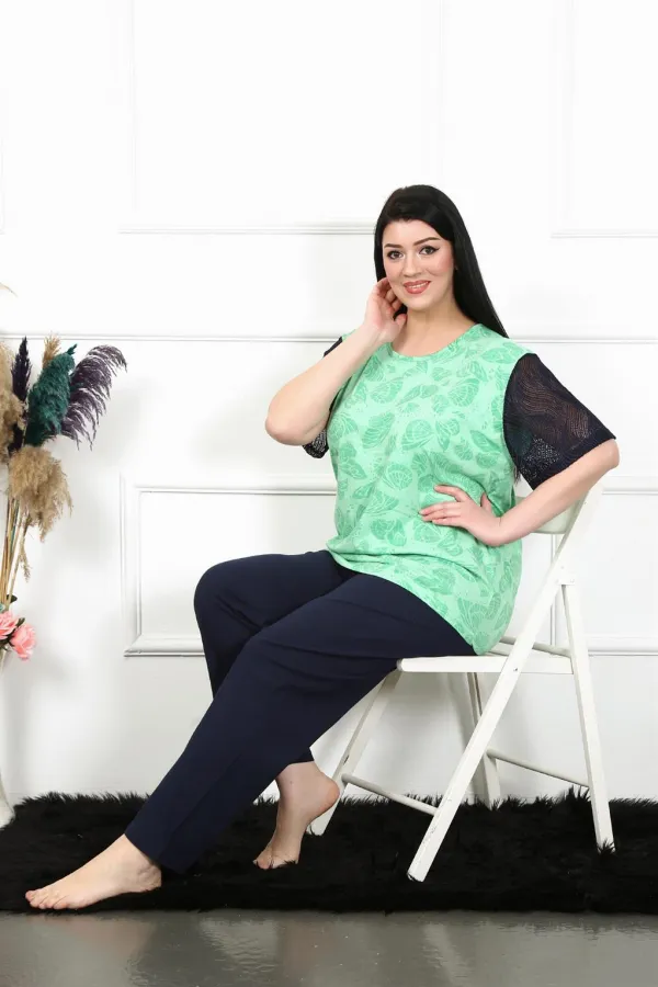 Moda Çizgi Kadın 5XL-6XL-7XL-8XL Büyük Beden Kısa Kol Pijama Takım 75004