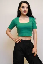 Moda Çizgi Kare Yaka Triko Crop Yeşil