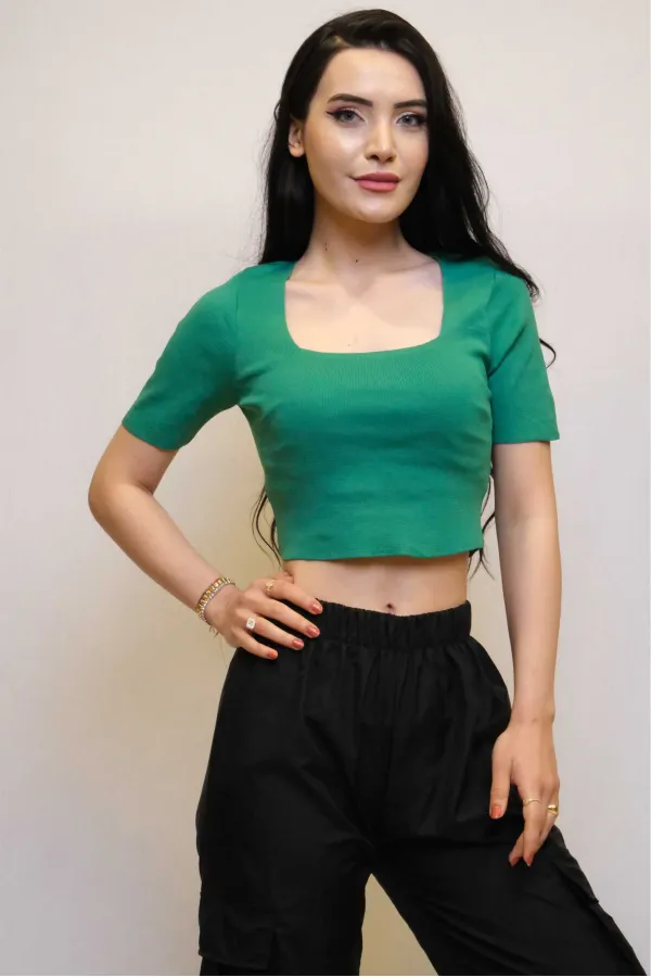 Moda Çizgi Kare Yaka Triko Crop Yeşil