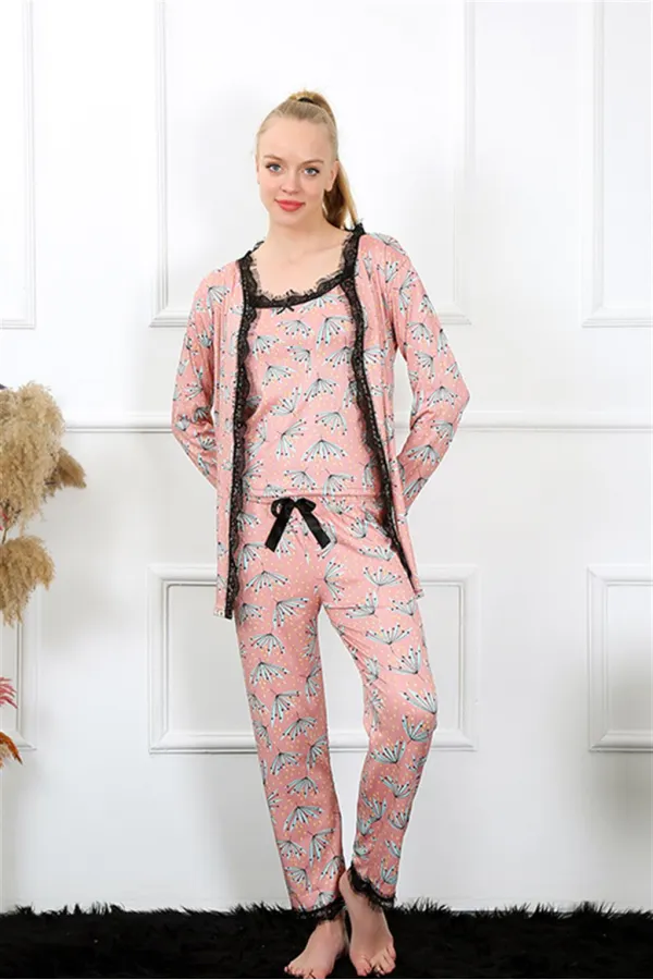 Moda Çizgi Kadın 3lü Somon Sabahlık Pijama Takım 16103