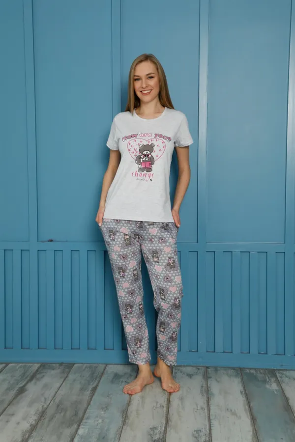 Moda Çizgi Kadın Pamuk Pijama Takım 20502G