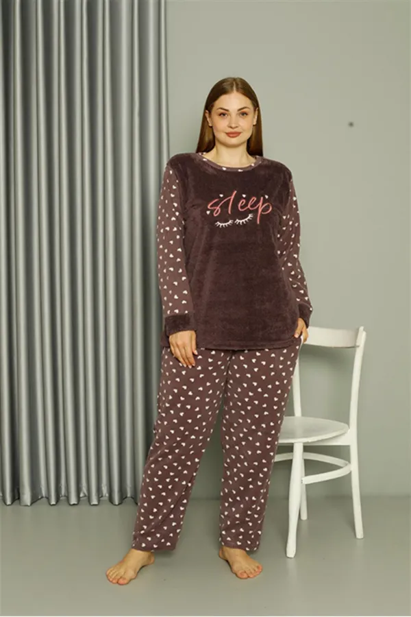 Moda Çizgi Welsoft Polar Kadın Büyük Beden Vizon Pijama Takımı 808046