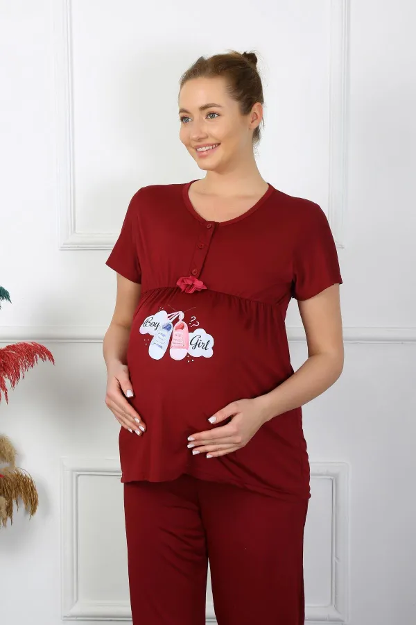 Moda Çizgi Kadın Kısa Kol Hamile Lohusa Pijama Takımı Bordo 45210