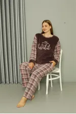 Moda Çizgi Welsoft Polar Kadın Büyük Beden Vizon Pijama Takımı 808040