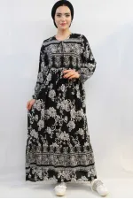 Moda Çizgi Vintage Desen Elbise Siyah