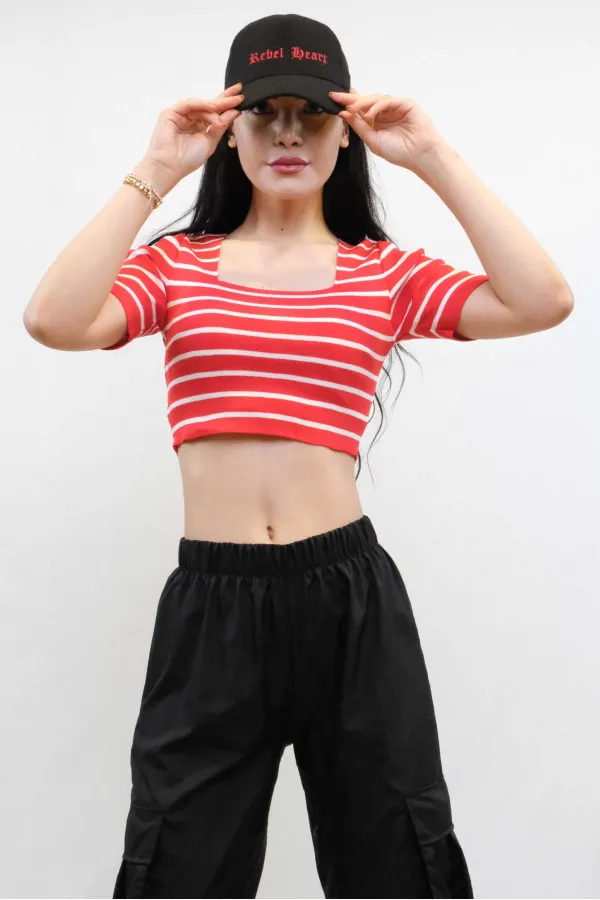 Moda Çizgi Triko Crop Çizgili Kırmızı