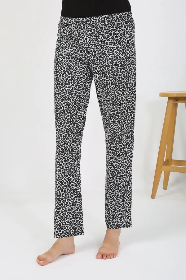 Moda Çizgi Kadın Penye Leopar Desenli Tek Alt Pijama 27536 Gri