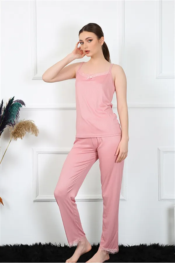 Moda Çizgi Kadın İp Askılı Somon Pijama Takım 4136