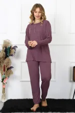 Moda Çizgi Kadın 4XL-5XL-6XL-7XL-8XL Büyük Beden Mürdüm Uzun Kol Pijama Takım 75013