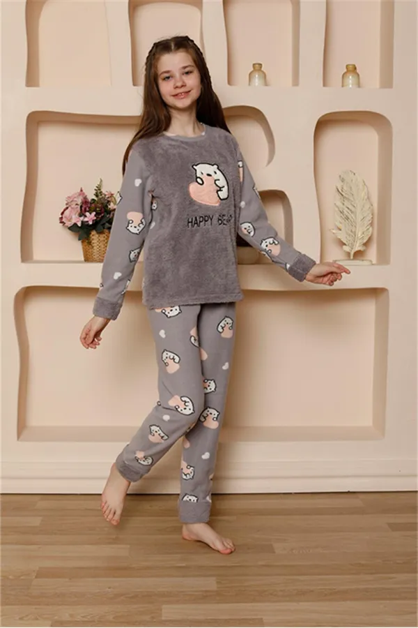 Moda Çizgi Kız Çocuk WelSoft Polar Gri Pijama Takımı 20523