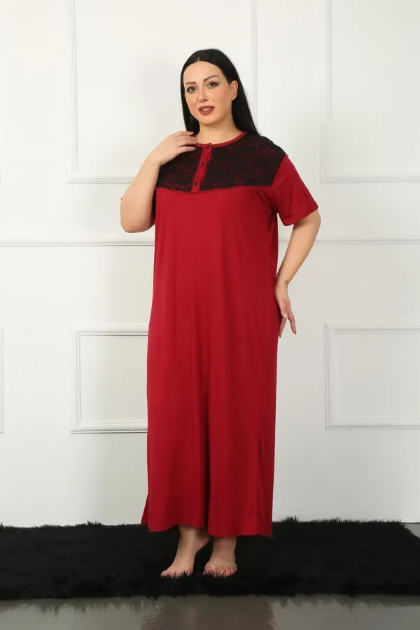 Moda Çizgi Big Dantelli Kısa Kol Bordo Anne Gecelik 1348