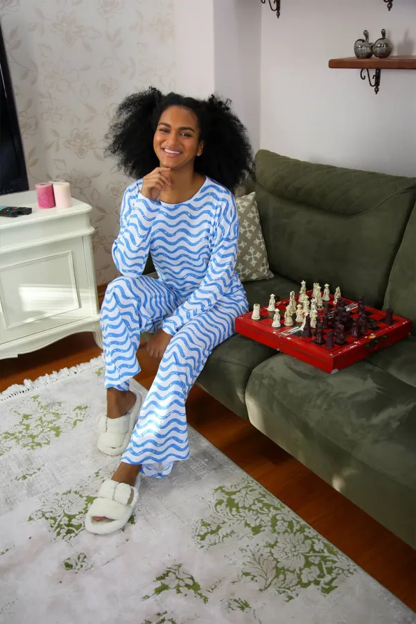 Moda Çizgi Kadın Penye Bol Paça Pijama Takım 4122