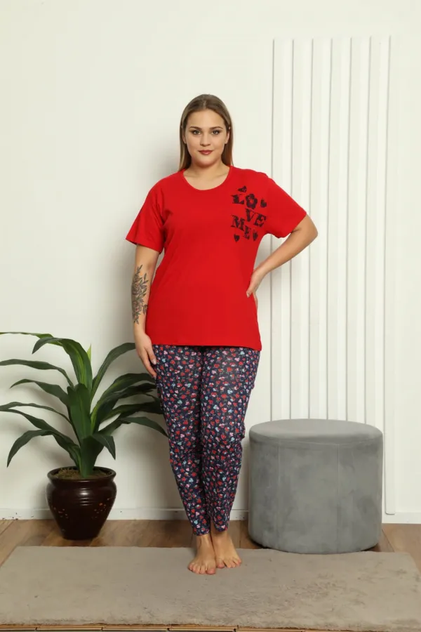 Moda Çizgi Kadın %100 Pamuk Kısa Kol Büyük Beden Pijama Takım 202144