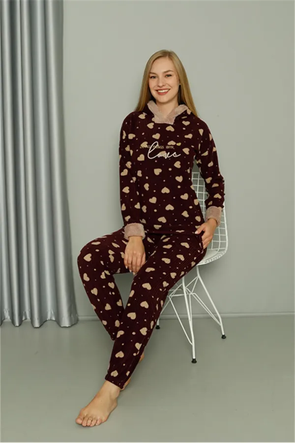 Moda Çizgi Welsoft Polar Kadın Kapşonlu Pijama Takımı 8513