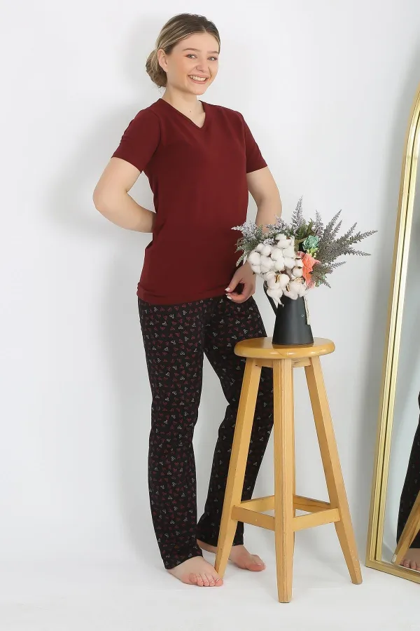 Moda Çizgi Kadın Kısa Kol Pamuk Penye Pijama Takım Bordo 4214