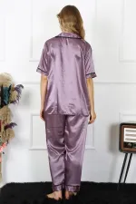 Moda Çizgi Kadın Büyük Beden Mor Saten Pijama Takımı 10303