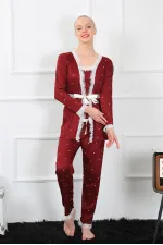 Moda Çizgi Kadın 3lü Bordo Sabahlık Pijama Takım 16103