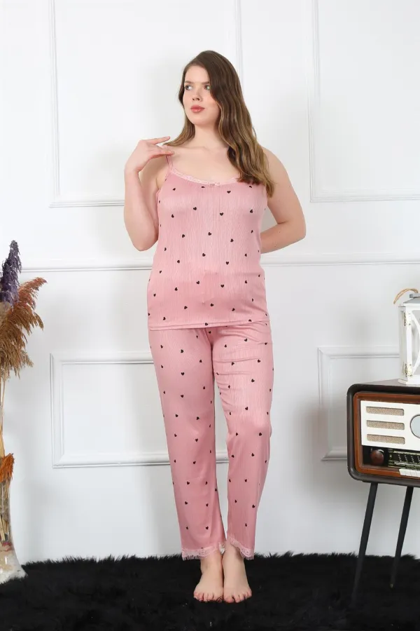 Moda Çizgi Kadın Büyük Beden Somon İp Askılı Pijama Takım 202196