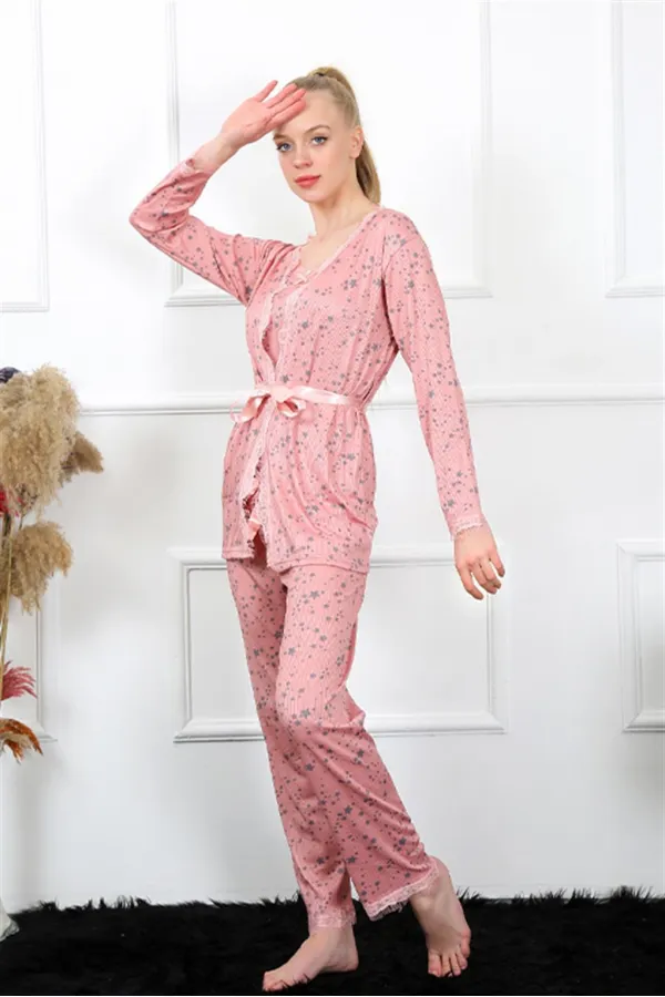 Moda Çizgi Kadın 3lü Gül Kurusu Sabahlık Pijama Takım 16103