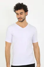 moda çizgi Erkek Likralı V Yaka Beyaz T-Shirt 65700