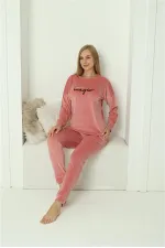 Moda Çizgi Kadın Kadife Pembe Pijama Takım 20624