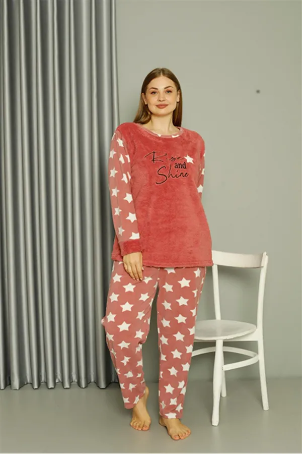 Moda Çizgi Welsoft Polar Kadın Büyük Beden Pudra Pijama Takımı 808042