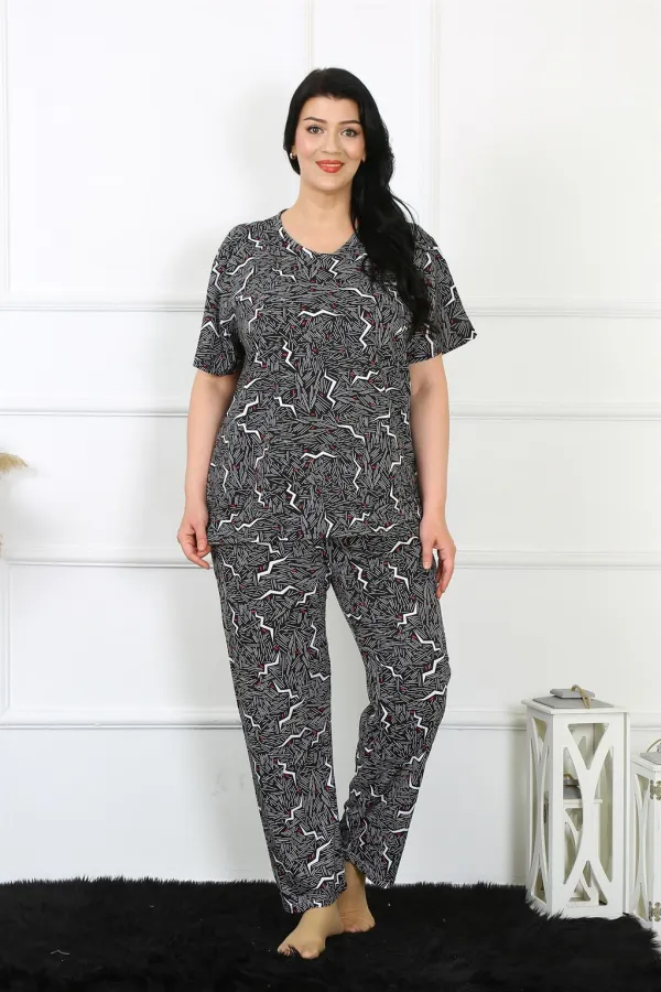 Moda Çizgi Kadın 5XL-6XL-7XL-8XL Büyük Beden Kısa Kol Pijama Takım 75011