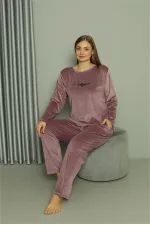 Moda Çizgi Büyük Beden Kadın Kadife Mor Pijama Takım 20628