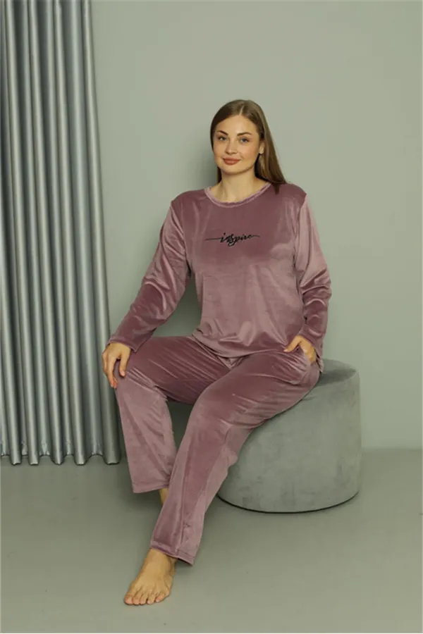 Moda Çizgi Büyük Beden Kadın Kadife Mor Pijama Takım 20628