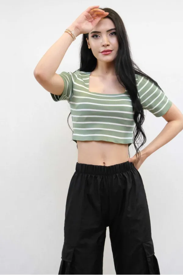 Moda Çizgi Triko Crop Çizgili Mint