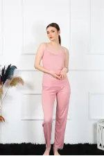 Moda Çizgi Kadın İp Askılı Somon Pijama Takım 4136