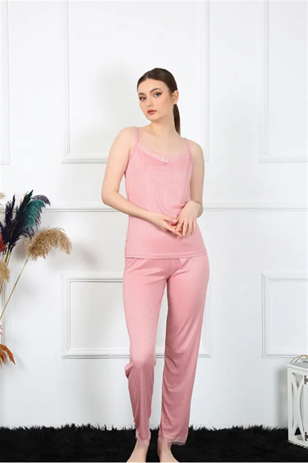 Moda Çizgi Kadın İp Askılı Somon Pijama Takım 4136